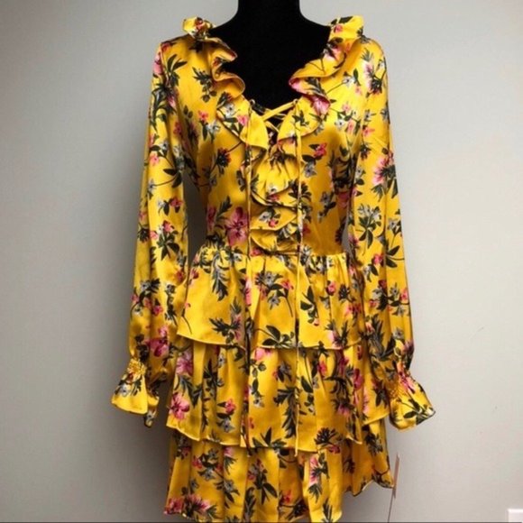 Avec Les Filles Tiered Satin Ruffle Dress, Multi Yellow Gold Size 6 Retail $158 - Picture 15 of 16